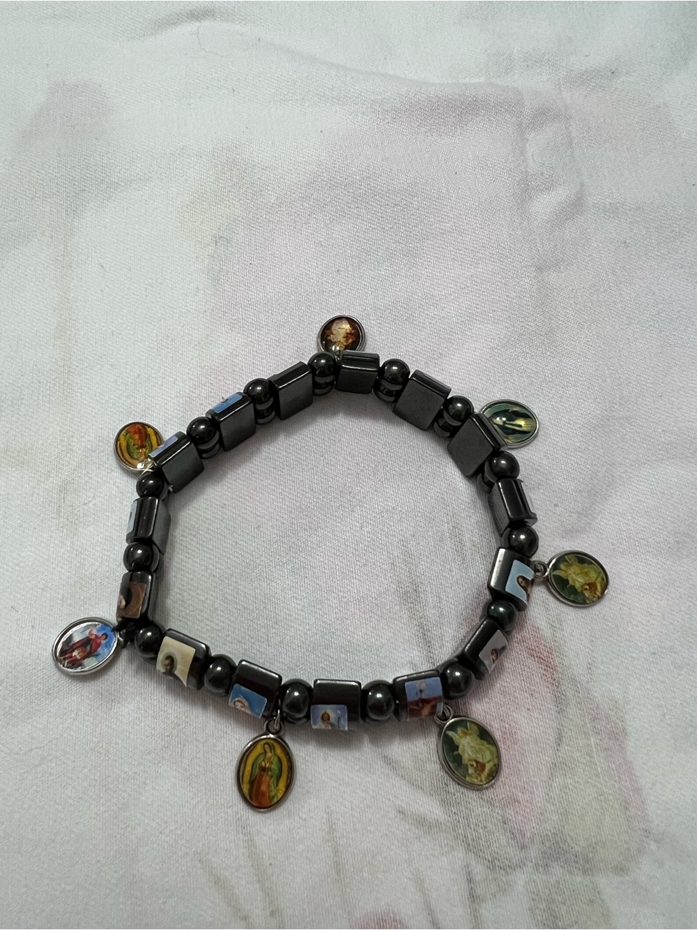 Black Hematite Stretch Charm Bracelet with Religious Images Saints